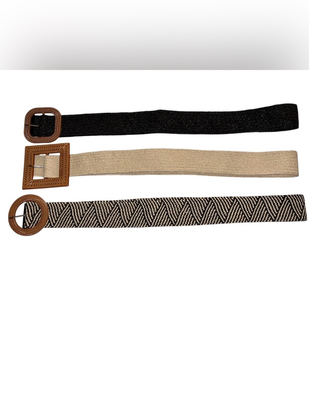 Like new Set of 3 Woven Neutral Belts – Black, Beige & Pattern